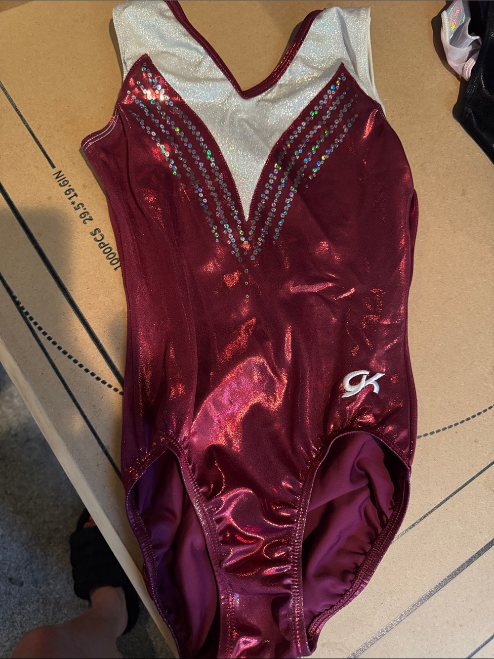 GK Burgundy and Silver Girls' Metallic Gymnastics Leotard with Rhinestones